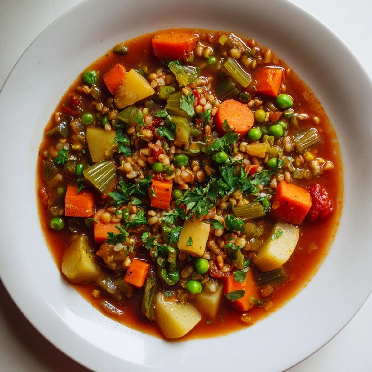Winter Vegetable Soup with Barley steaming in a bowl, showcasing hearty vegetables and barley.