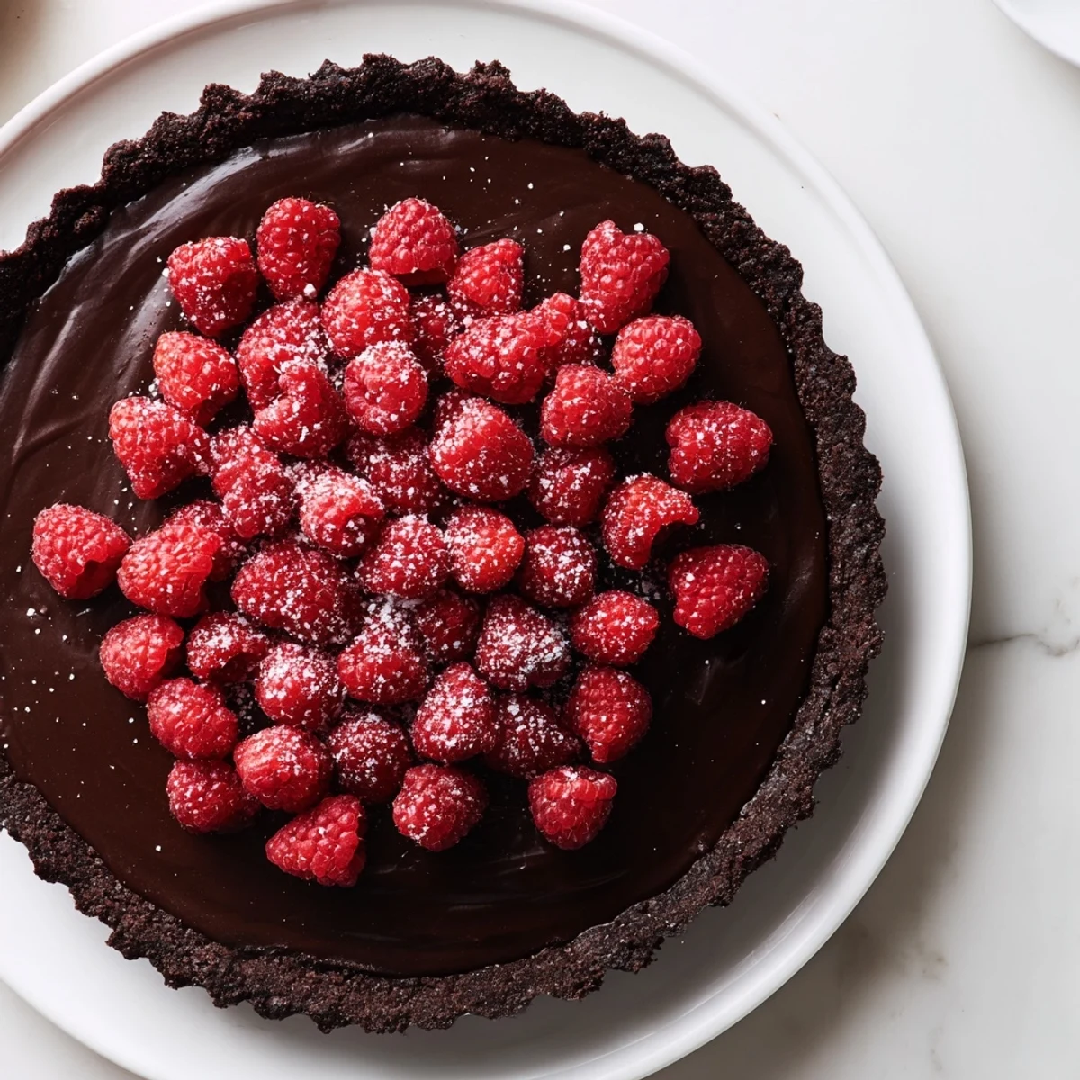 Dark Chocolate and Raspberry Tart: a close-up shows a glistening ganache topped with ruby-red raspberries.