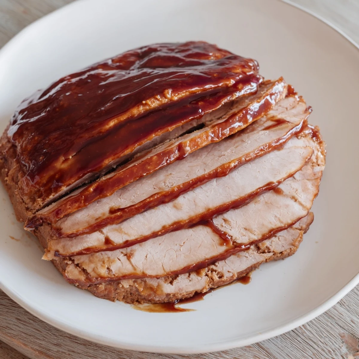 A glossy, glazed Gammon-Free Roast glistening with a sweet, savory glaze, ready to serve and enjoy.