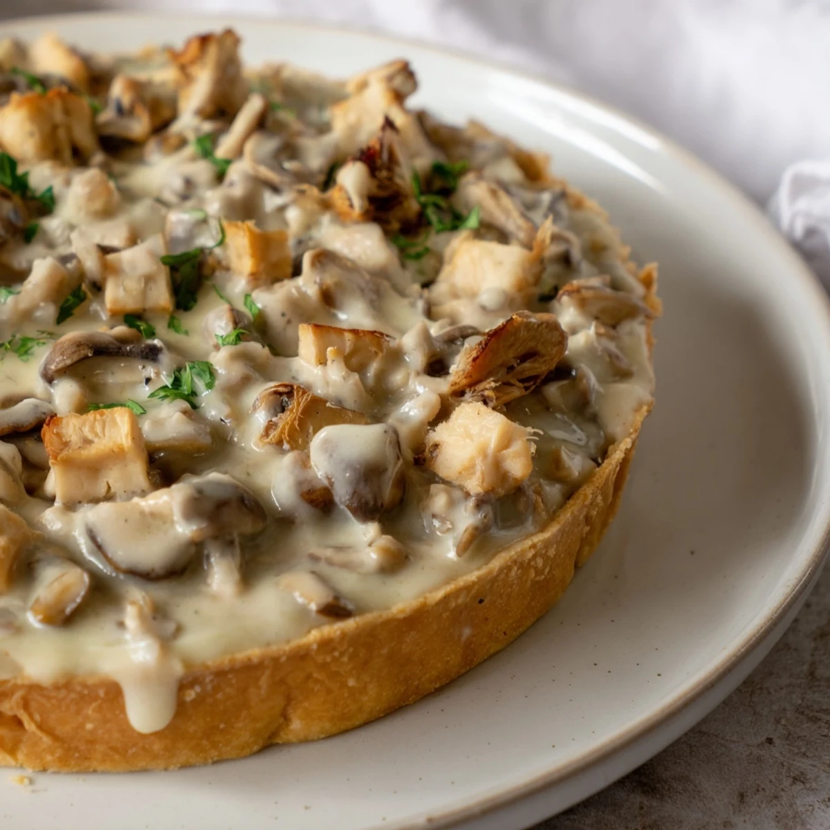 Golden, flaky crust atop steaming Creamy Chicken and Mushroom Pie, a comforting family favorite.