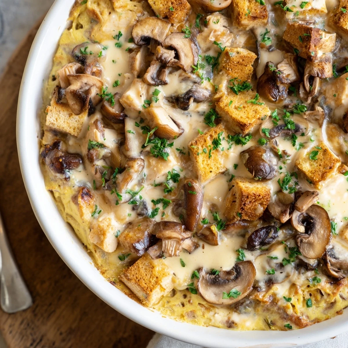 A close-up of a delightful Creamy Chicken and Mushroom Pie, rich sauce, and tender chicken visible.