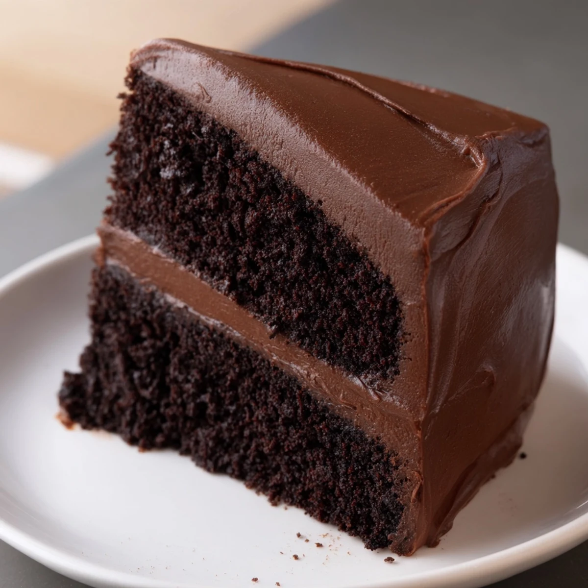 Moist layers of chocolate cake with luscious chocolate frosting, ready to be devoured.