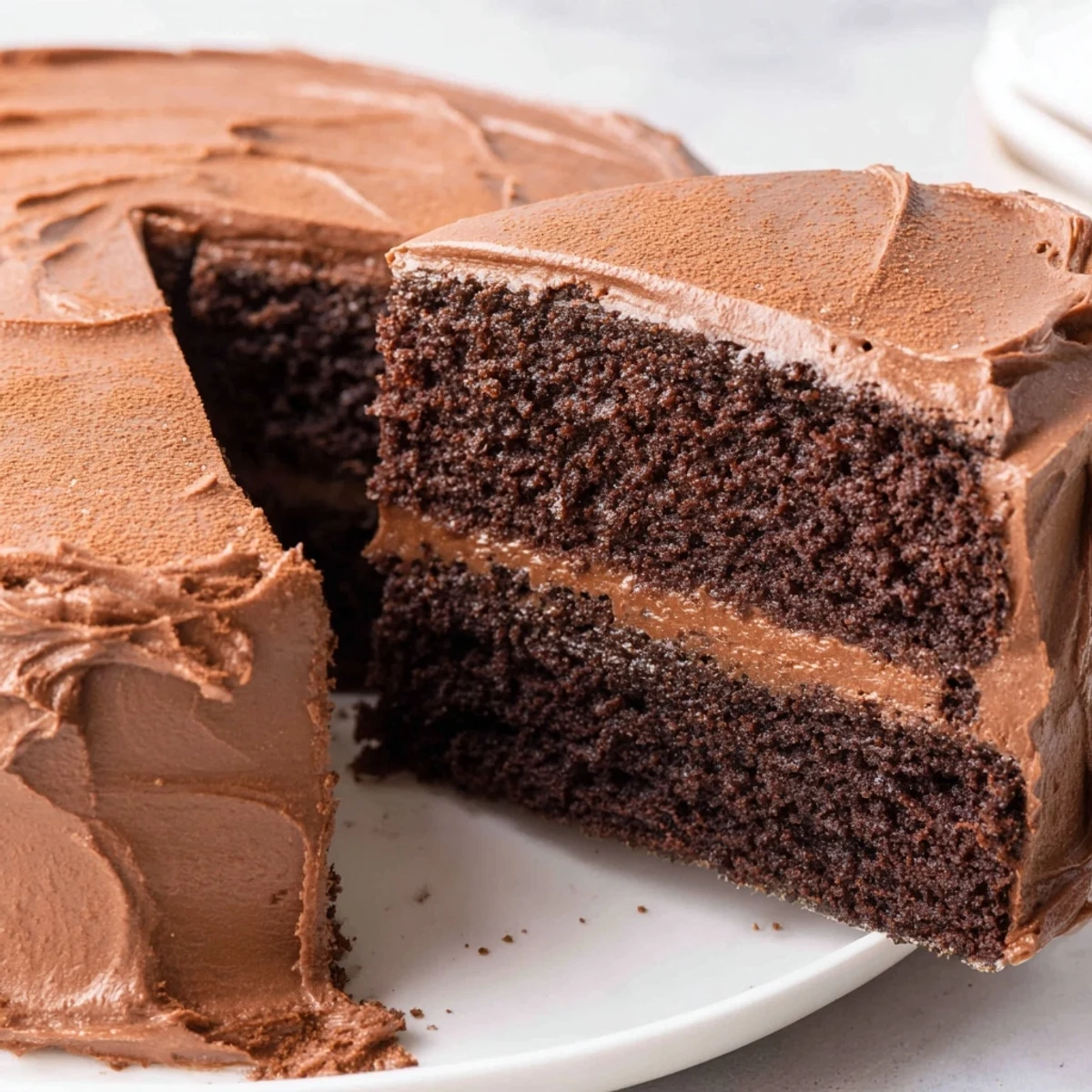 Imagine a towering chocolate cake, layered with creamy frosting and ready to serve.