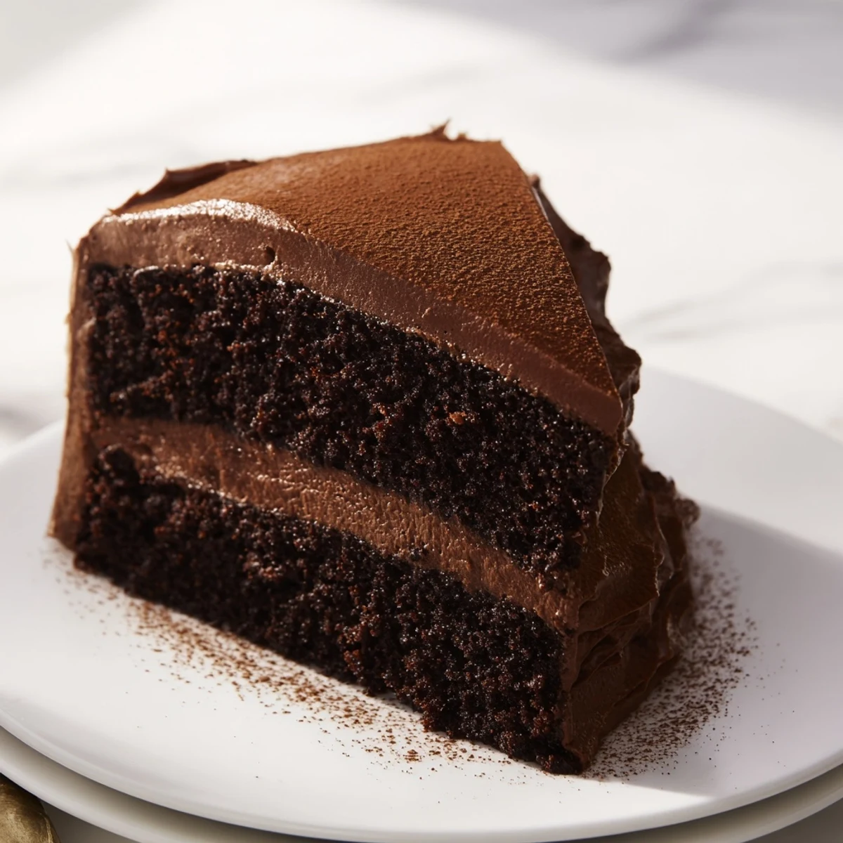 A decadent slice of rich chocolate cake, perfectly frosted, awaiting your next celebration.