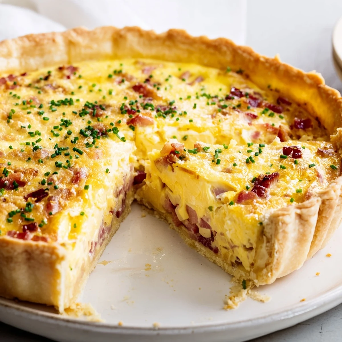 Golden baked quiche, with a flaky crust, filled with creamy custard and savory cheese.