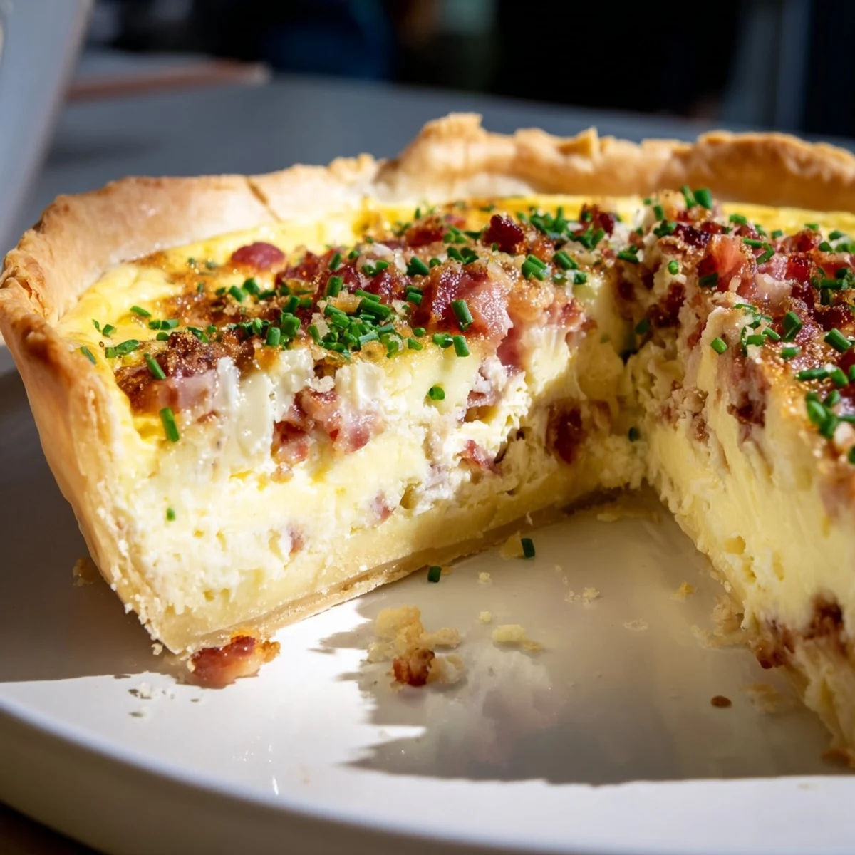 A slice of warm quiche, showcasing its tender texture and delicious, savory fillings.