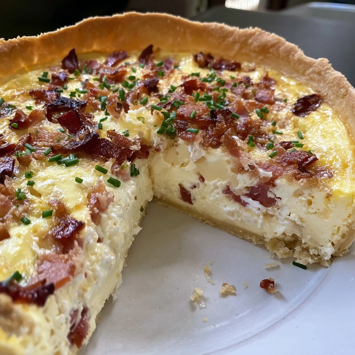 Homemade quiche, a classic French tart, perfect for brunch featuring cheese and bacon.