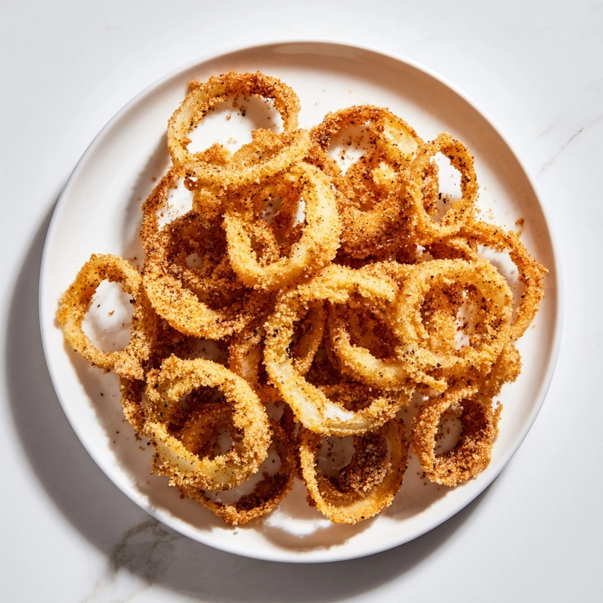 Close-up of golden crispy onions, a delicious, homemade topping for salads or soups.
