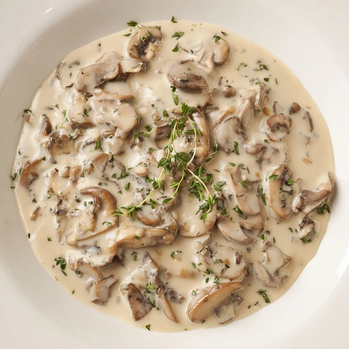 A creamy mushroom sauce, smelling of garlic and thyme, ready to pour over pasta.