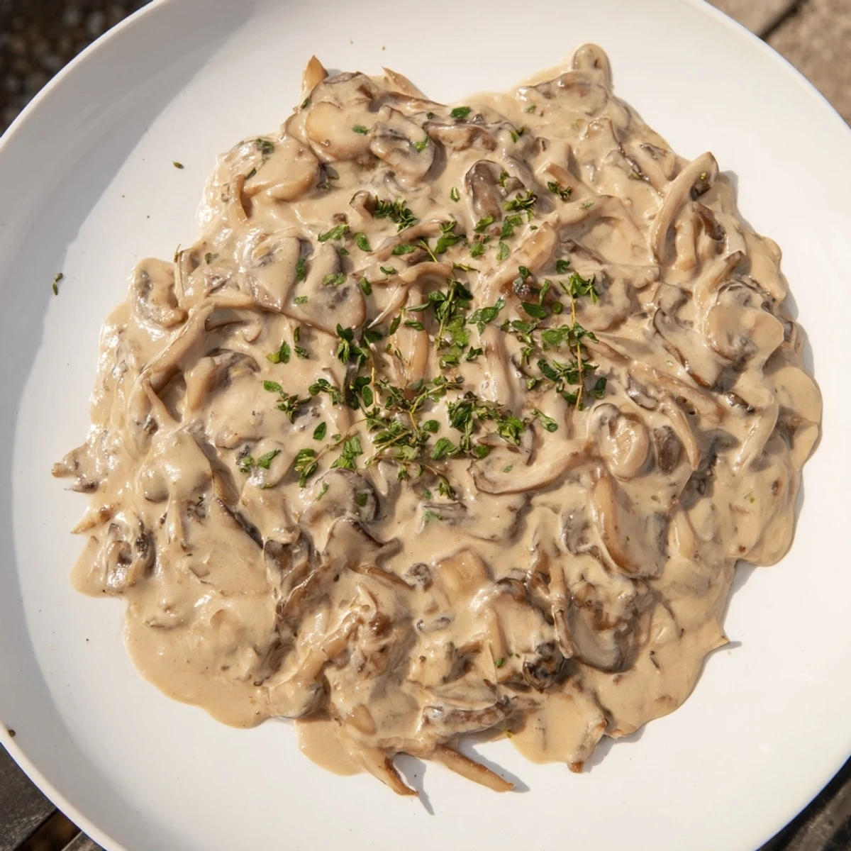 Freshly chopped parsley garnishes a luscious bowl of creamy mushroom sauce, served warm.