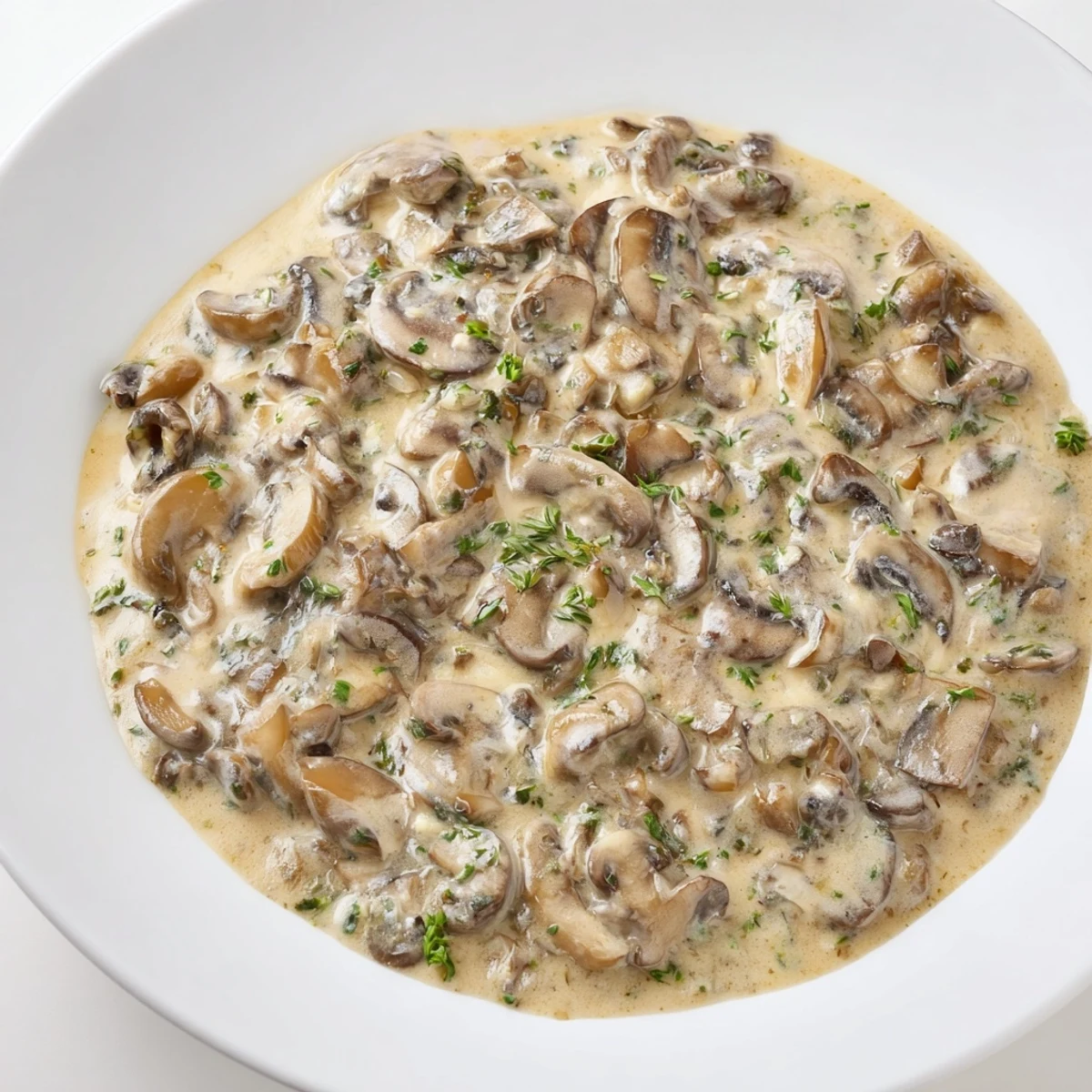 This rich, earthy creamy mushroom sauce simmers gently, perfect atop a grilled steak.