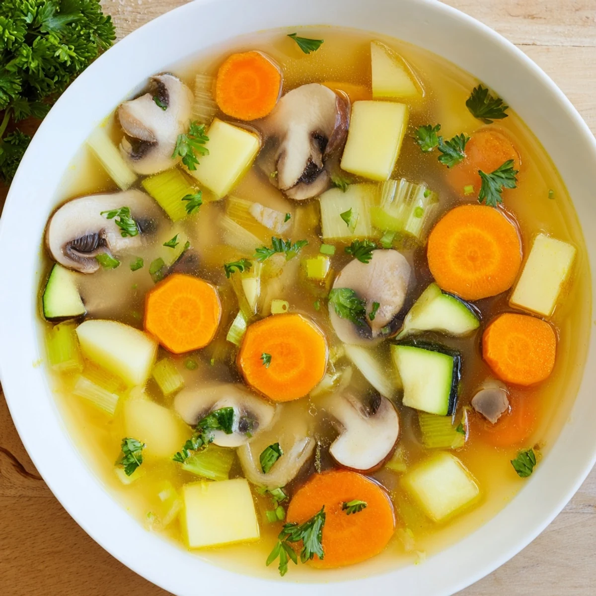 Steaming bowl of hearty vegetable broth, fragrant with herbs and vegetables, ready to serve.