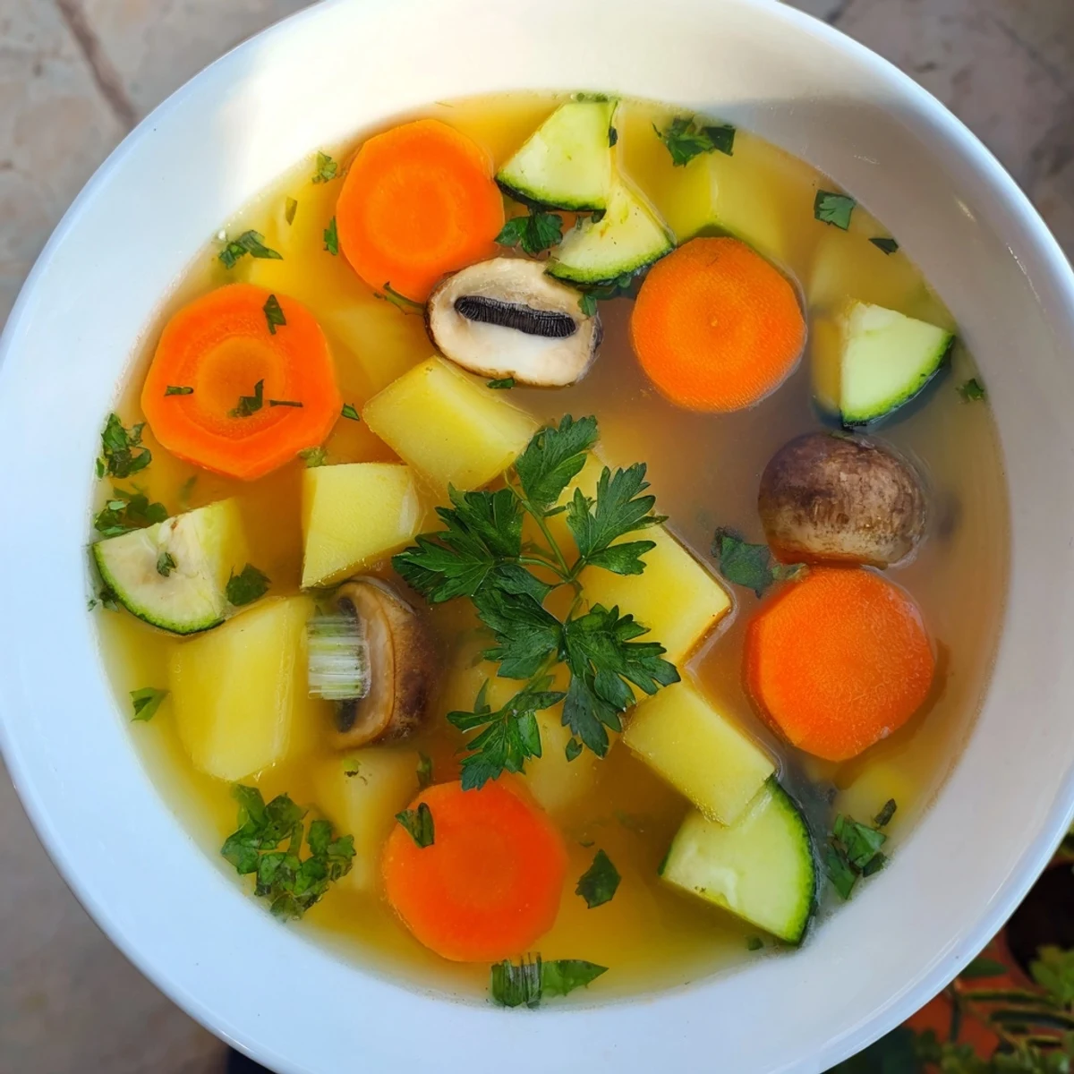 A close-up of the vibrant and flavorful hearty vegetable broth, perfect for a cozy, healthy meal.