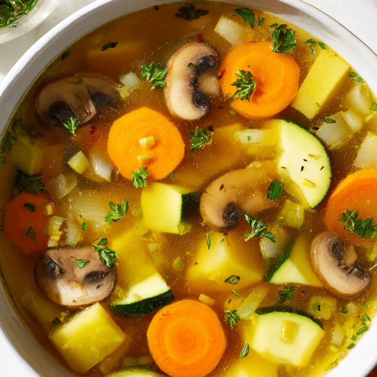 Simmering pot of hearty vegetable broth with visible chunks of carrots, celery, and potatoes; a comforting soup.