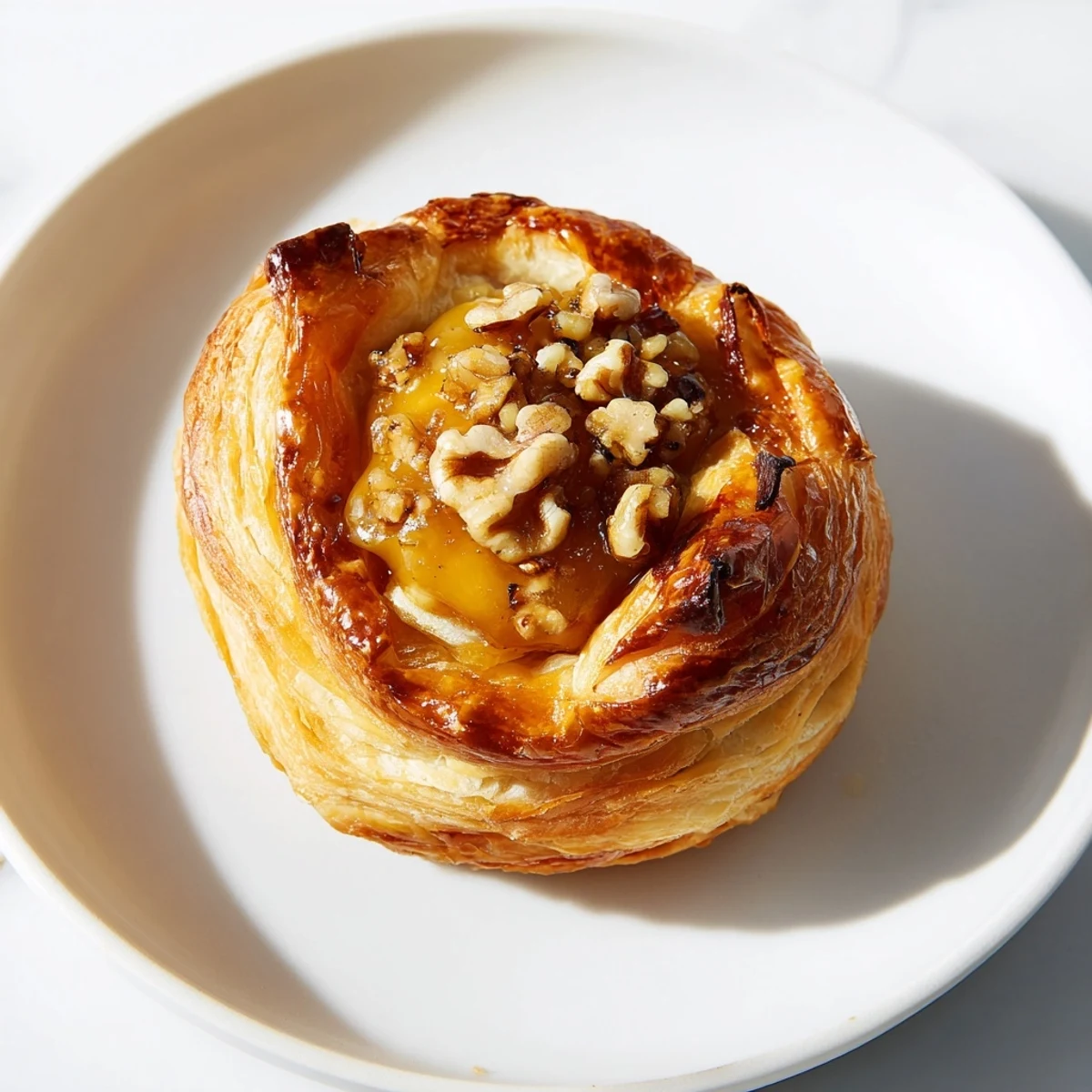 Warm, melted Baked Brie wrapped in flaky pastry, ready to be served with crackers.