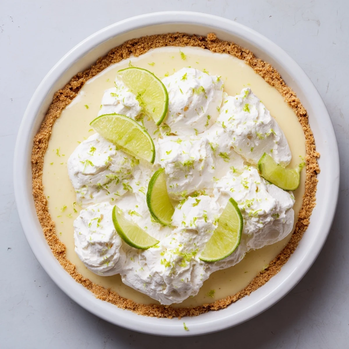 Sliced zesty lime pie, offering refreshing citrus flavor, is perfect for warm weather gatherings.