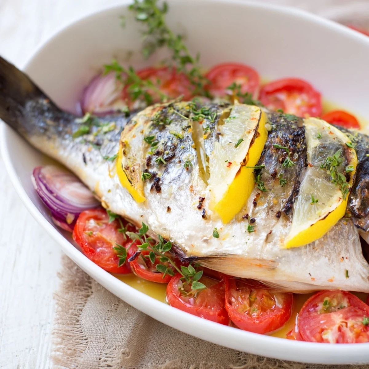 Golden, flaky Baked Sea Bream, served on a baking sheet with roasted vegetables, ready to eat.