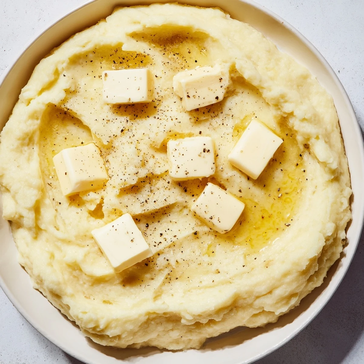 Creamy mashed potatoes, a comforting side, are smooth and fluffy, topped with a pat of butter.