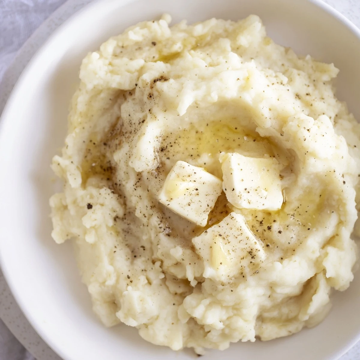 Golden, rich creamy mashed potatoes, ready to be seasoned and served for a delicious dinner.