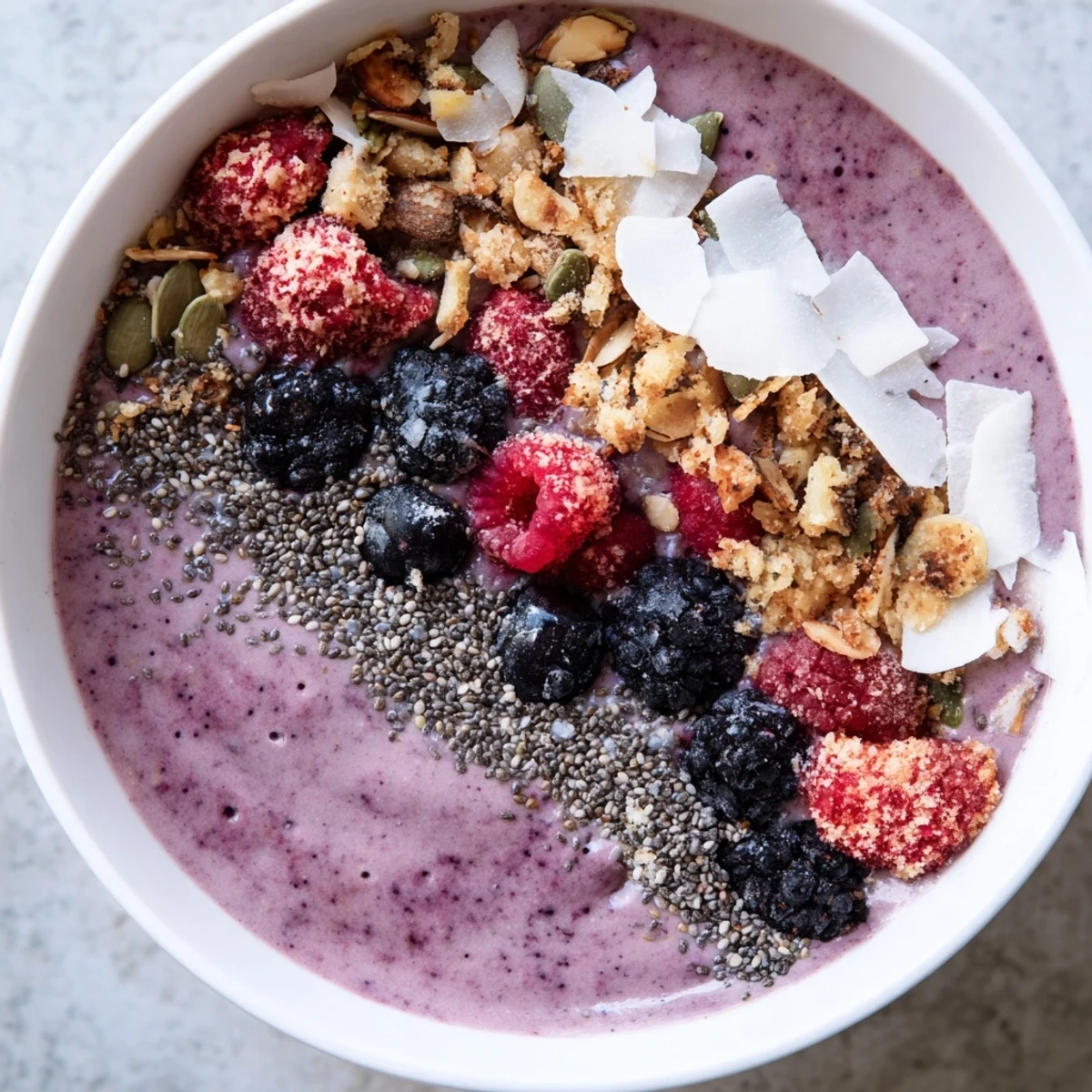 A colorful Winter Berry Smoothie Bowl, featuring a swirl of berries and crunchy seeds, perfect start!