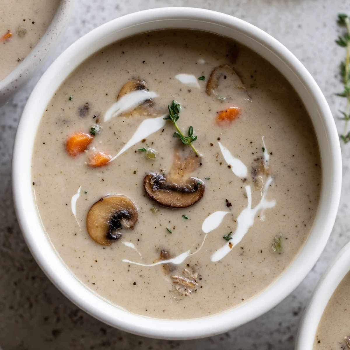 Creamy mushroom soup with thyme, a comforting, rich meal: smooth, velvety, and earthy with fresh thyme.