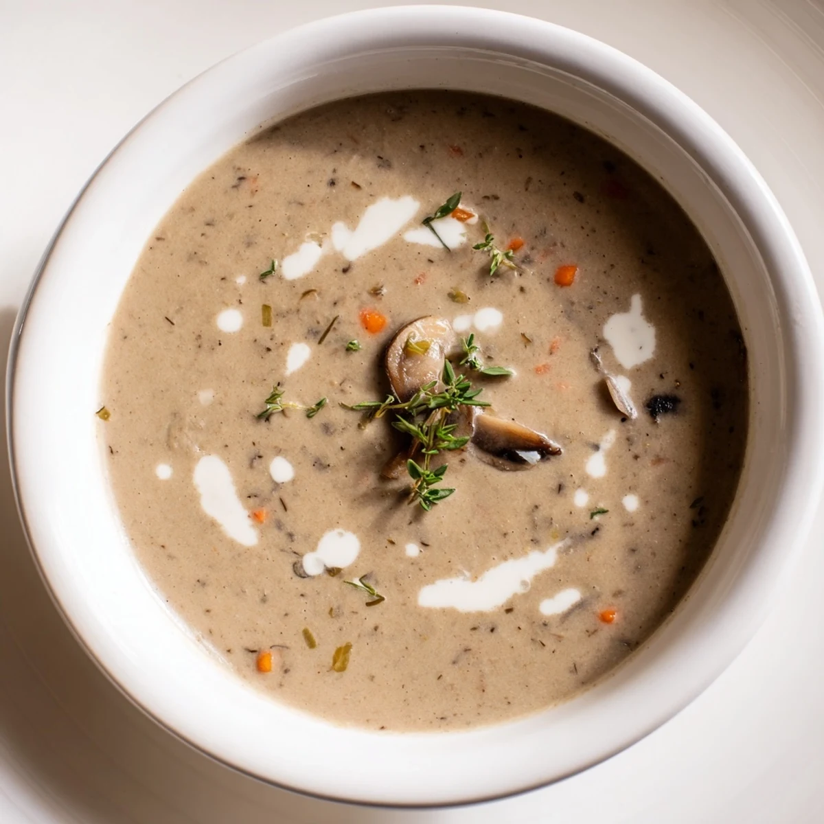 Get a taste of this delicious creamy mushroom soup with thyme, a vegetarian delight, served with crusty bread!