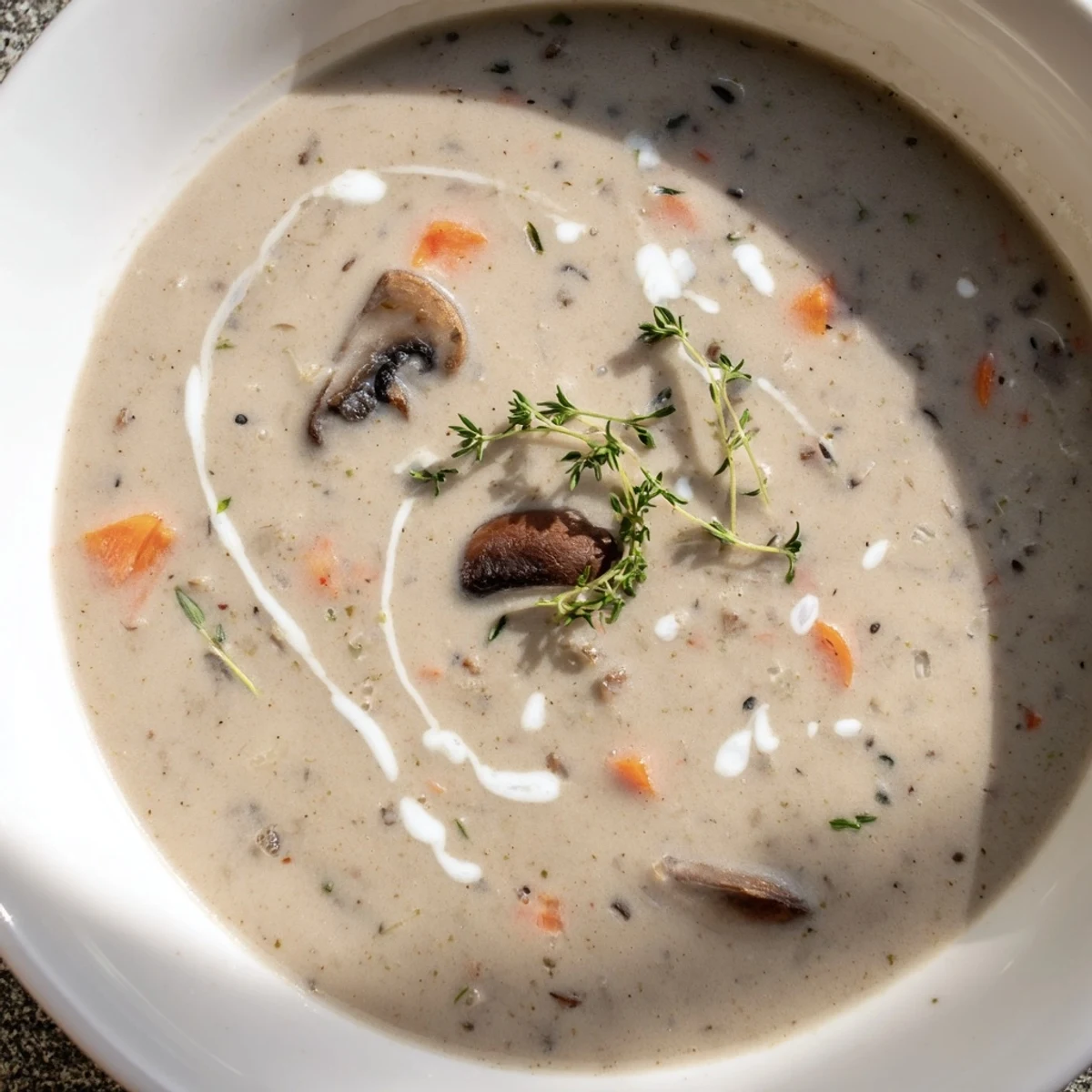Warm, creamy mushroom soup with thyme, garnished with cream and thyme, perfect for a cozy dinner.