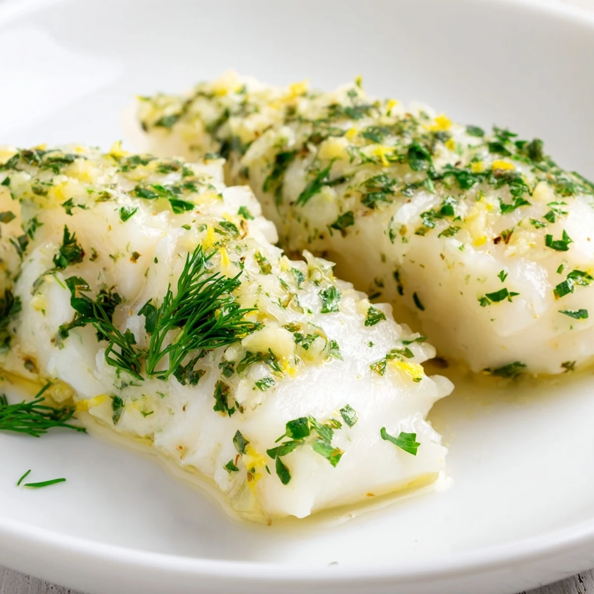 Delicious, flaky Baked Cod with garlic butter, served with fresh lemon wedges, ready to eat.