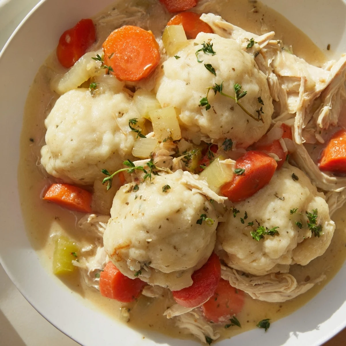 A close-up of hearty Slow Cooker Chicken and Dumplings, ready to be served, a perfect comfort food meal.