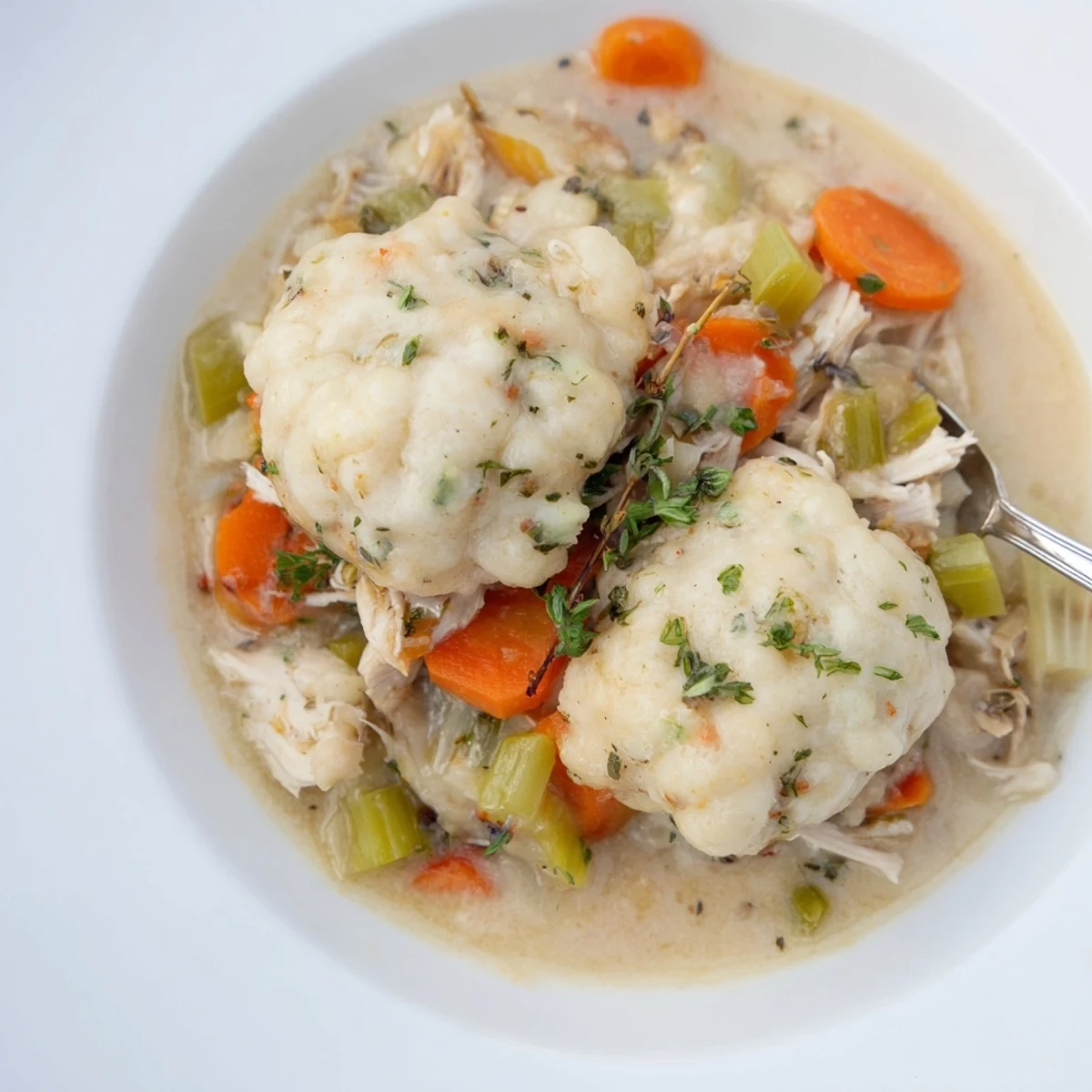 Steaming bowl of Slow Cooker Chicken and Dumplings showcasing fluffy dumplings atop creamy broth with shredded chicken.