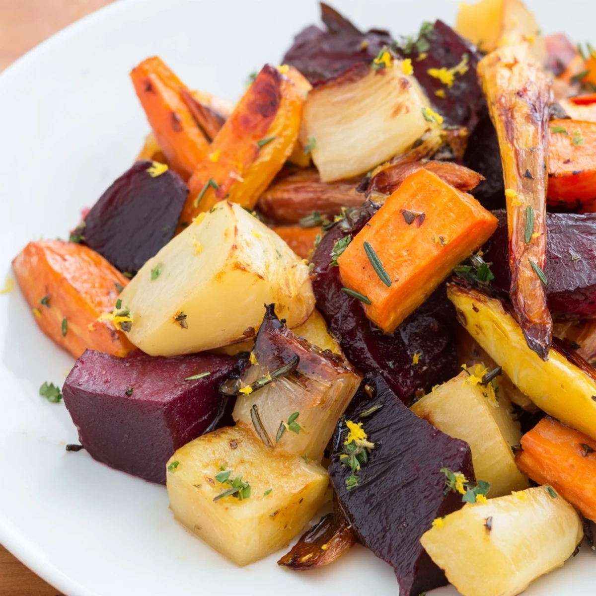 Golden-brown roasted root vegetable medley, glistening with herbs, ready to savor its earthy flavors.