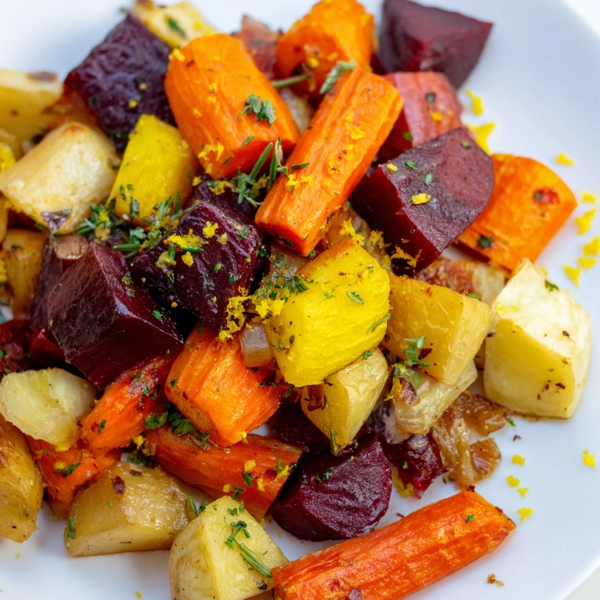 A hearty, colorful roasted root vegetable medley overflowing on a platter, perfect for a side dish.