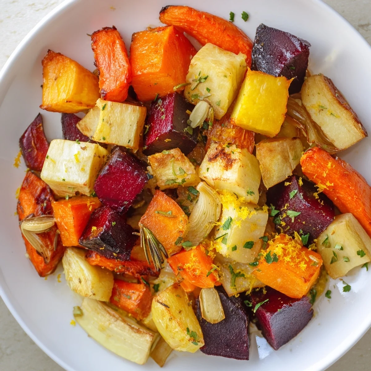 Close-up of a rustic roasted root vegetable medley showcasing tender, caramelized vegetables and herbs.