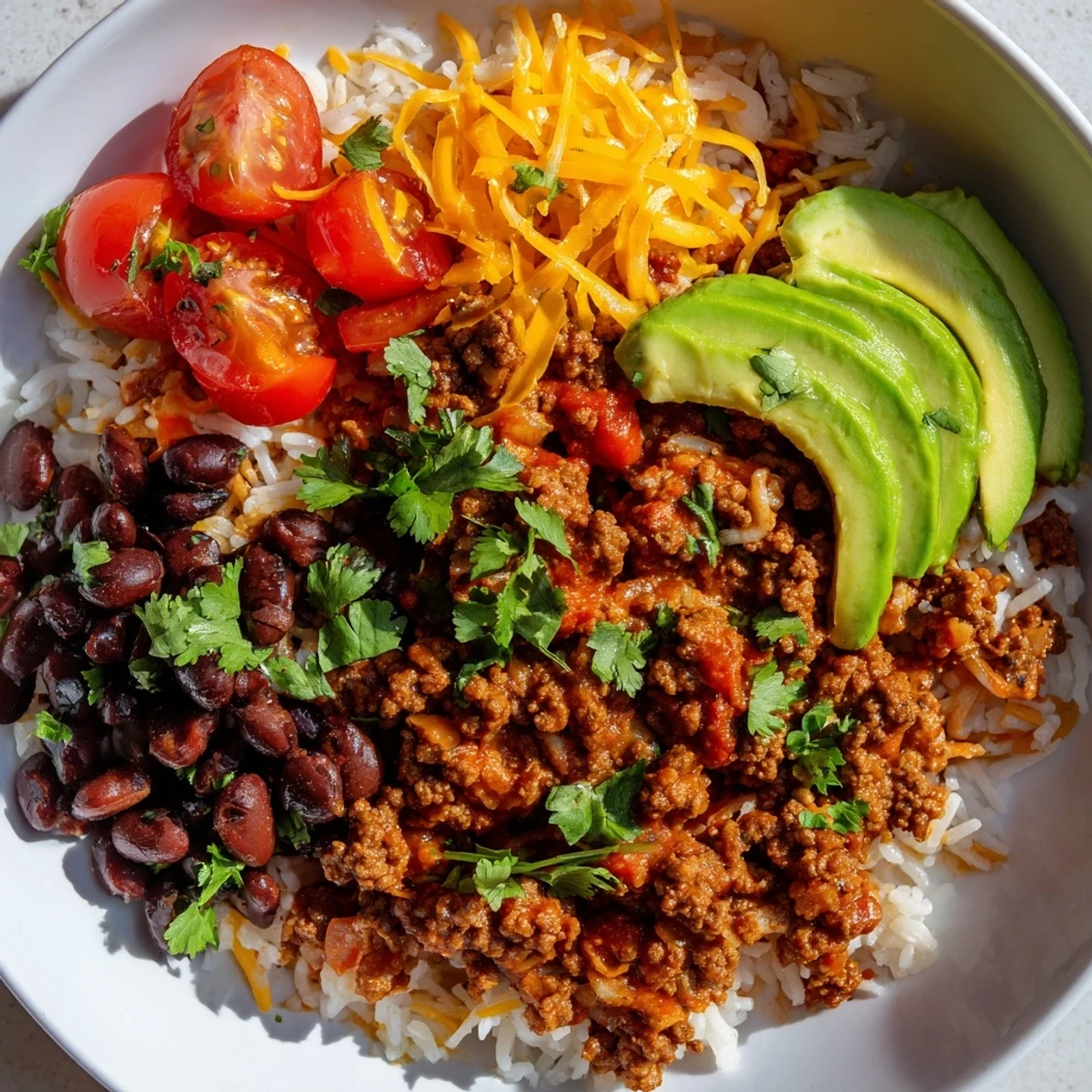 A hearty close-up of Beef Burrito Bowls, showcasing layers of savory beef and fresh cilantro, ready to eat.