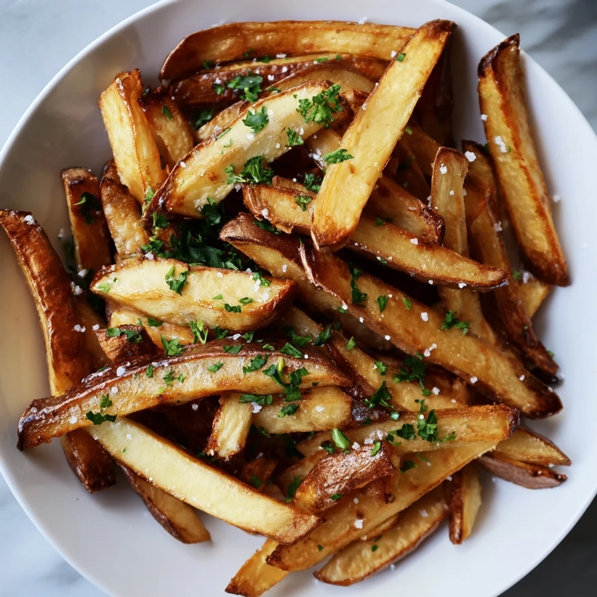Golden-brown crispy air fryer French fries sprinkled with sea salt, ready to enjoy as a side.