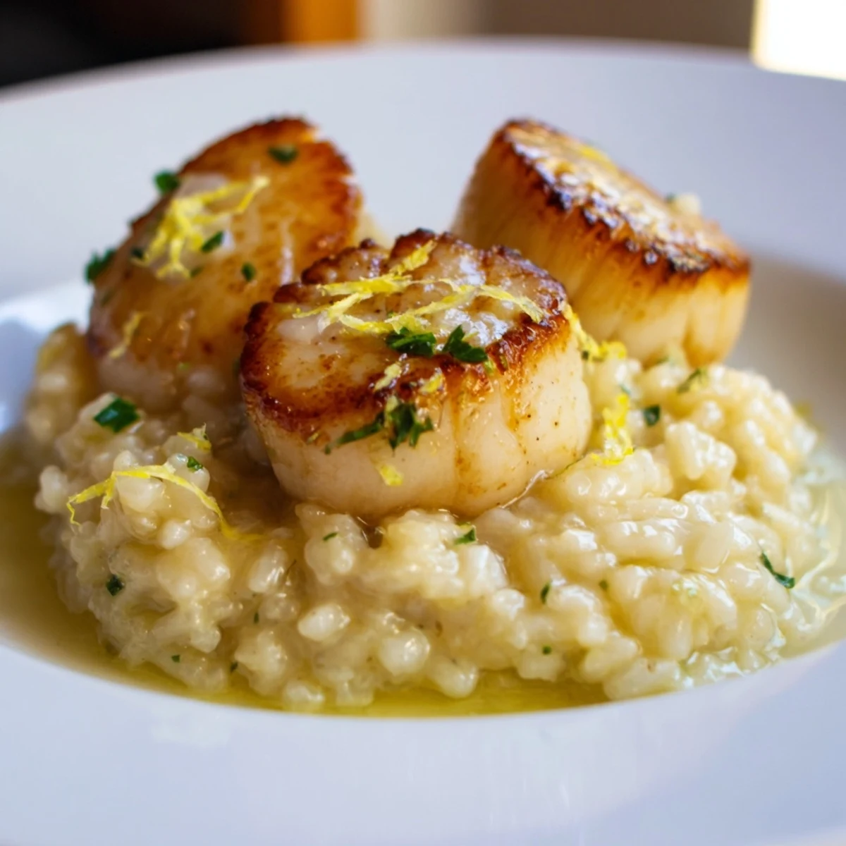 Imagine the aroma: seared Lemon Garlic Scallops with risotto, ready to be enjoyed!