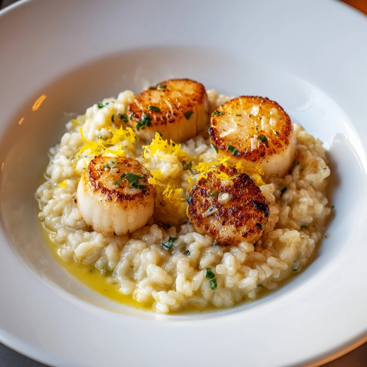 Elegant plate of Italian Lemon Garlic Scallops with risotto, perfect for a special, satisfying dinner.