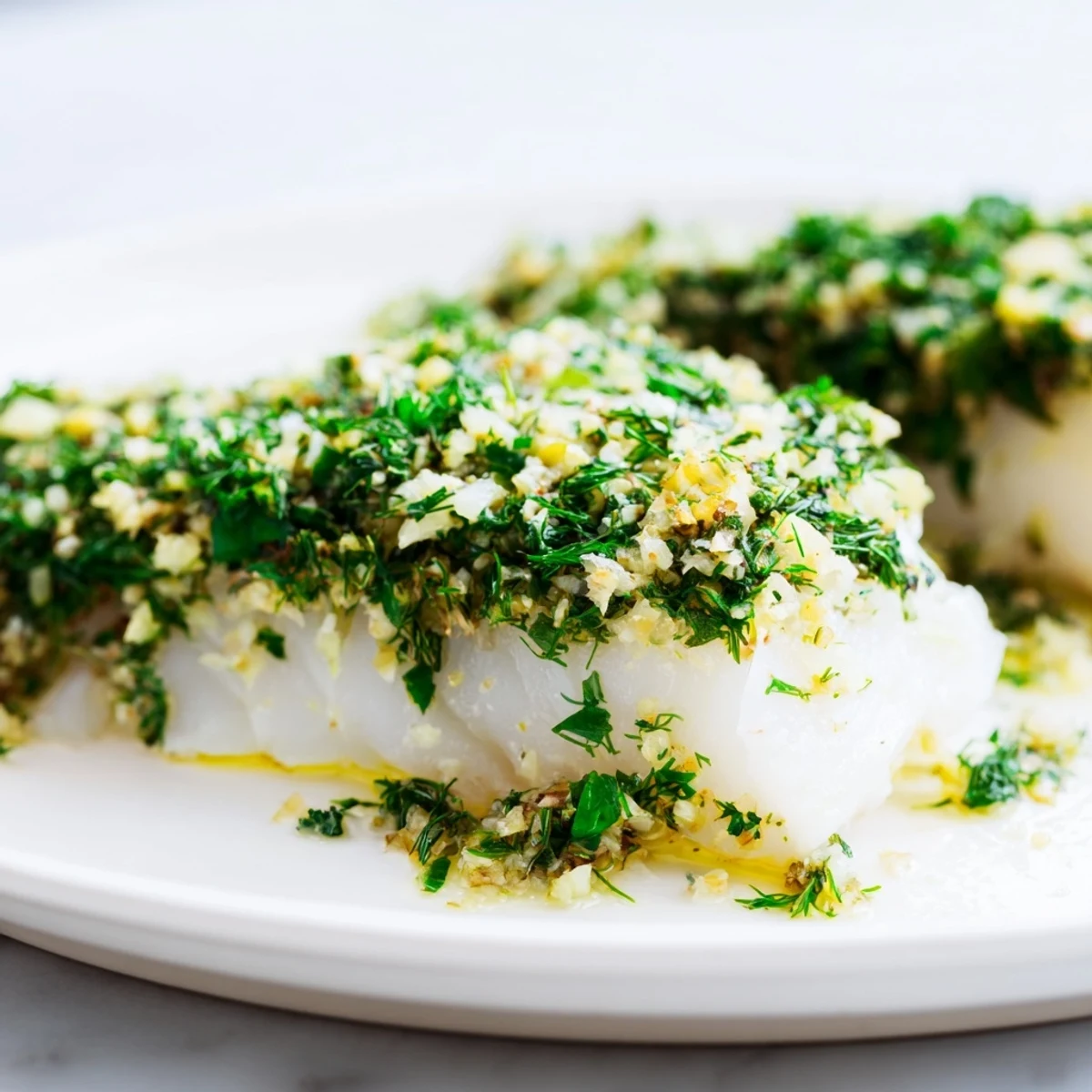 Golden-brown baked cod with herbs, served with lemon wedges, looks light and flavorful.