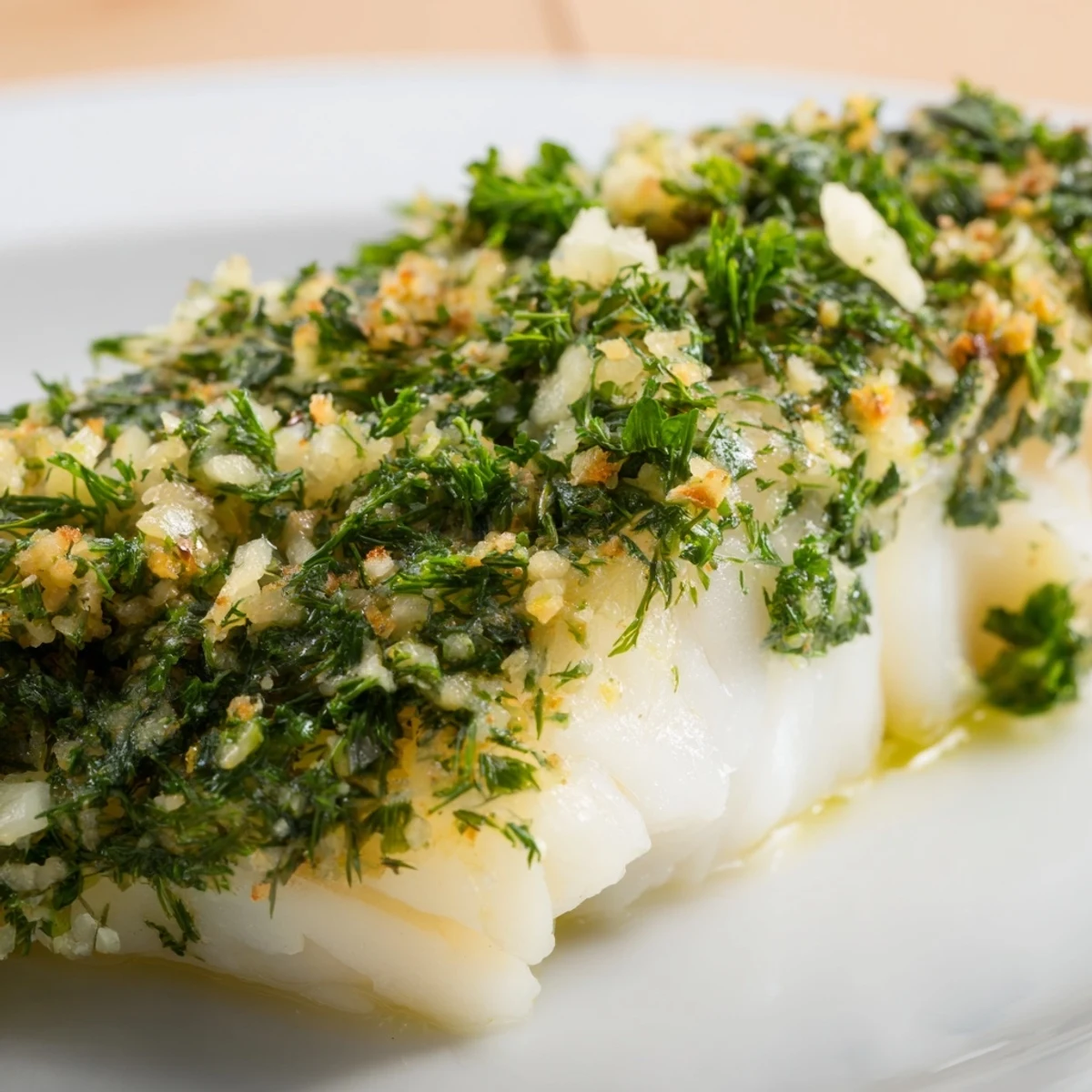 Flaky, moist baked cod with herbs, showcasing fresh parsley and dill on a white plate.