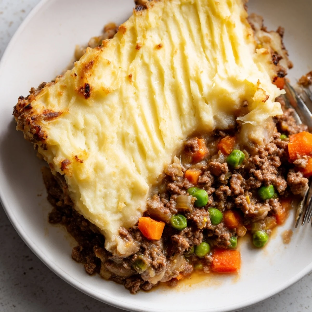 Golden-brown Beef Shepherd's Pie with a perfectly creamy mashed potato topping, ready to serve.