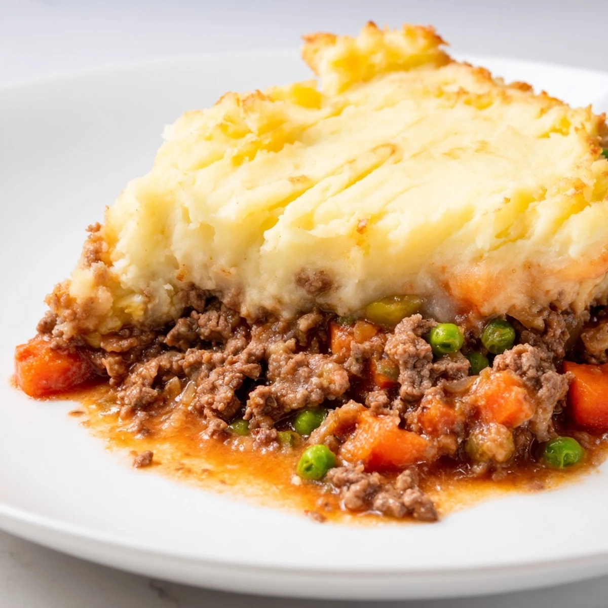 A bubbling skillet of Beef Shepherd's Pie, showcasing the savory beef filling beneath a fluffy potato layer.