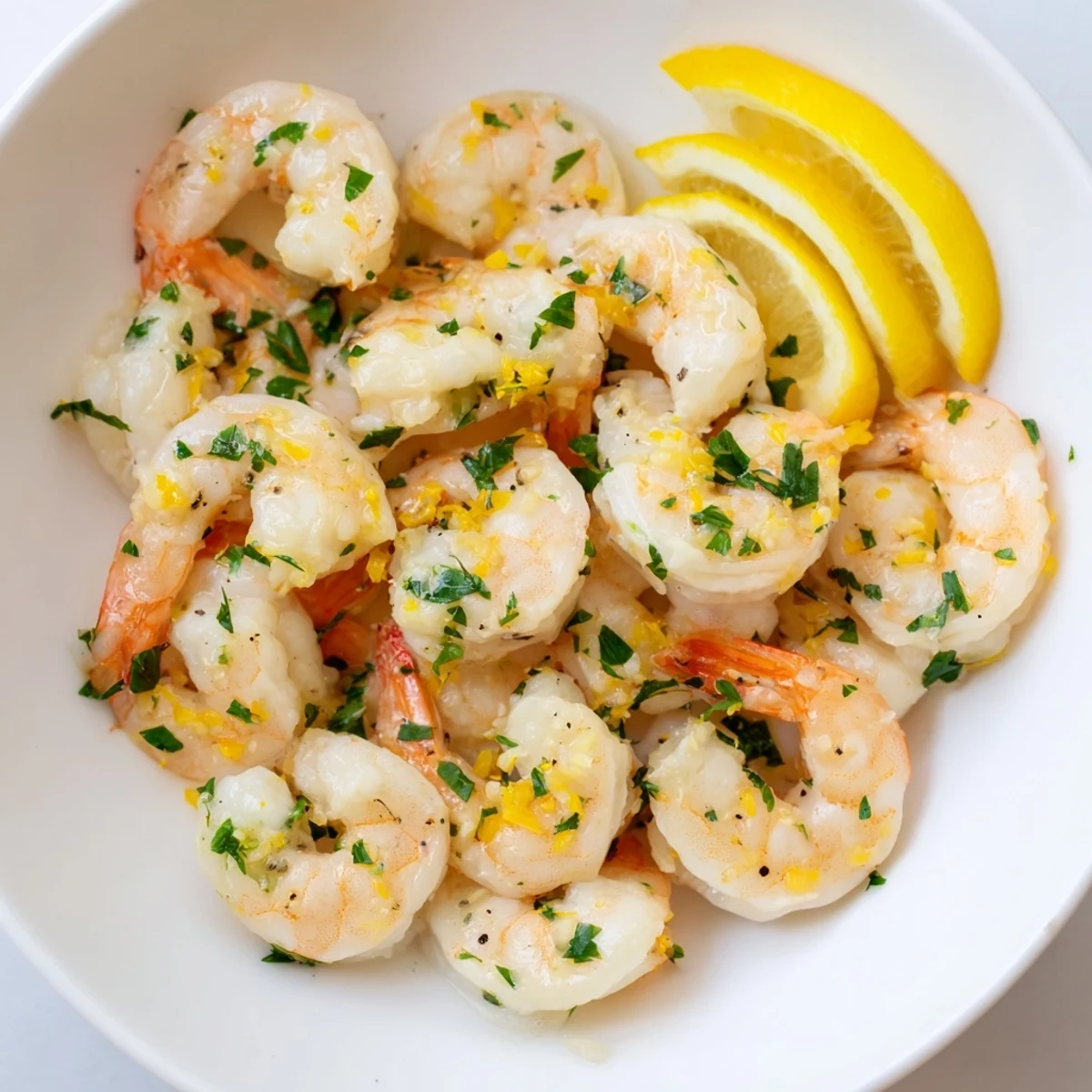 Tender Lemon Garlic Shrimp, perfectly cooked and served with bright lemon wedges, ready to eat.
