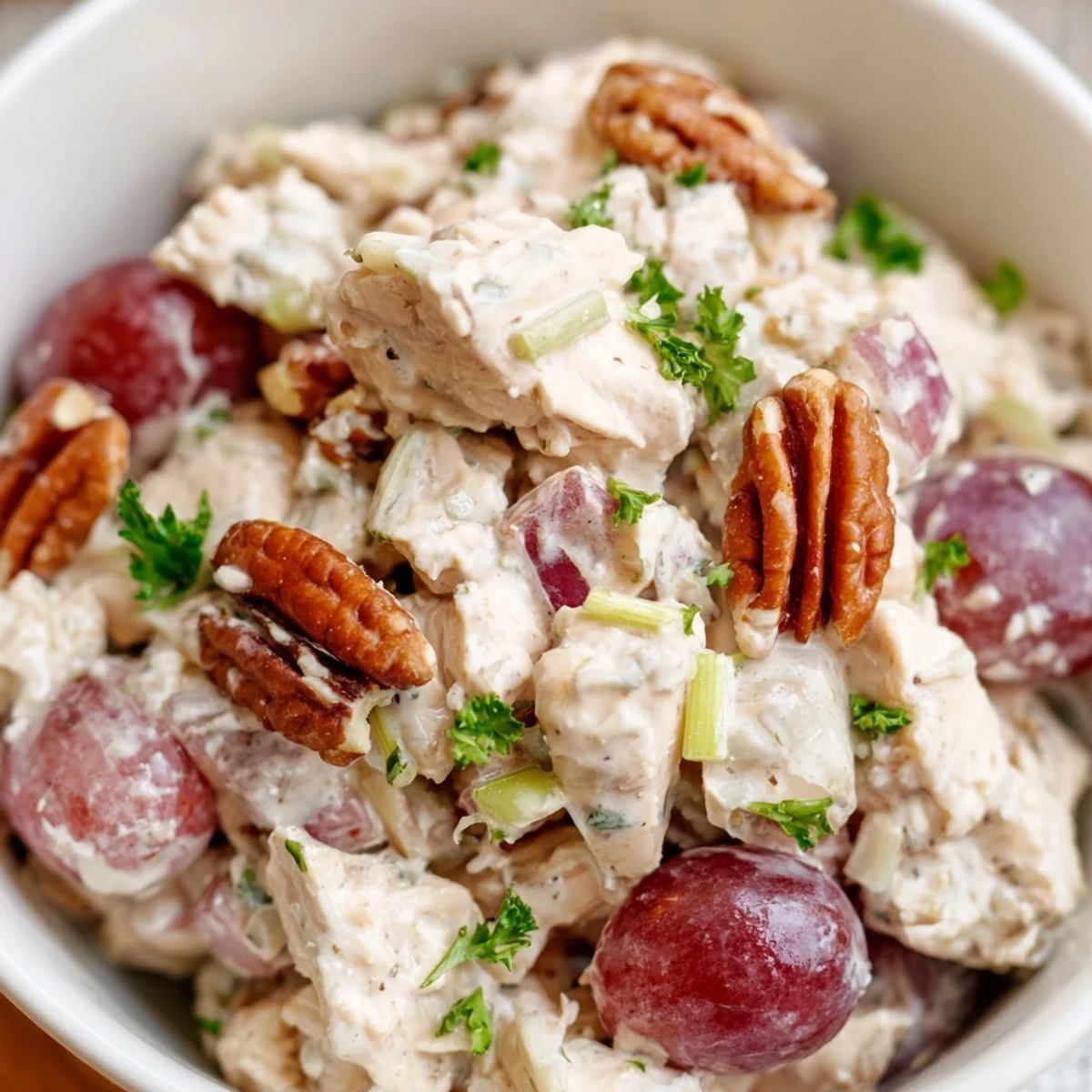 Golden, creamy Chicken Salad with Pecans, studded with crunchy celery and toasted pecans.