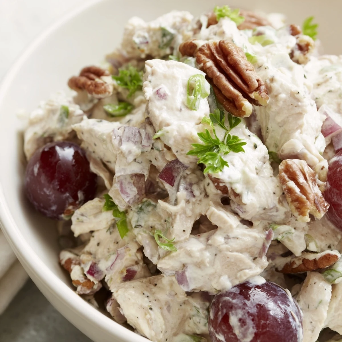 This vibrant bowl of Chicken Salad with Pecans is perfect on a sandwich or salad.