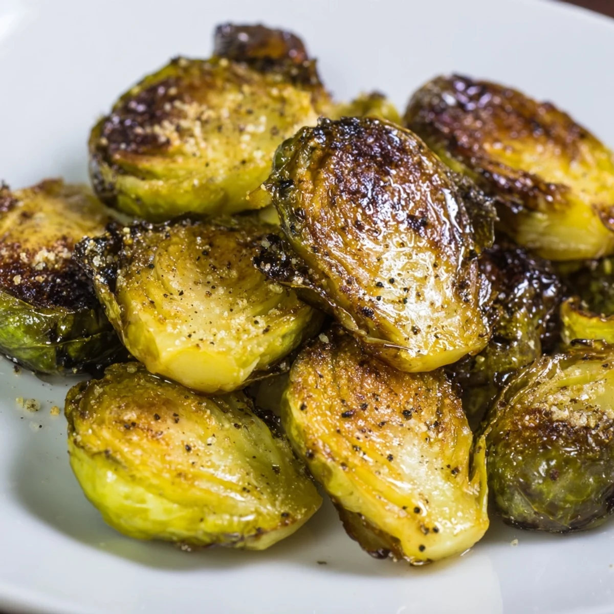 Tender, caramelized roasted Brussels sprouts, ready to eat, creating the perfect side dish.