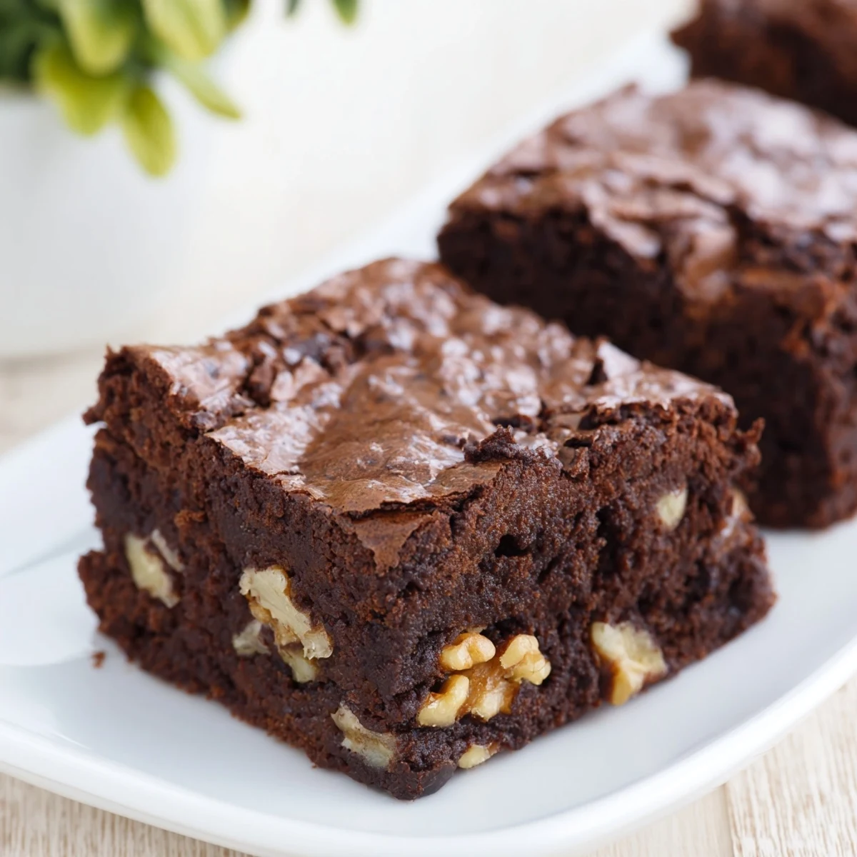 A square of intensely fudgy chocolate brownies, perfect for a rich dessert experience.