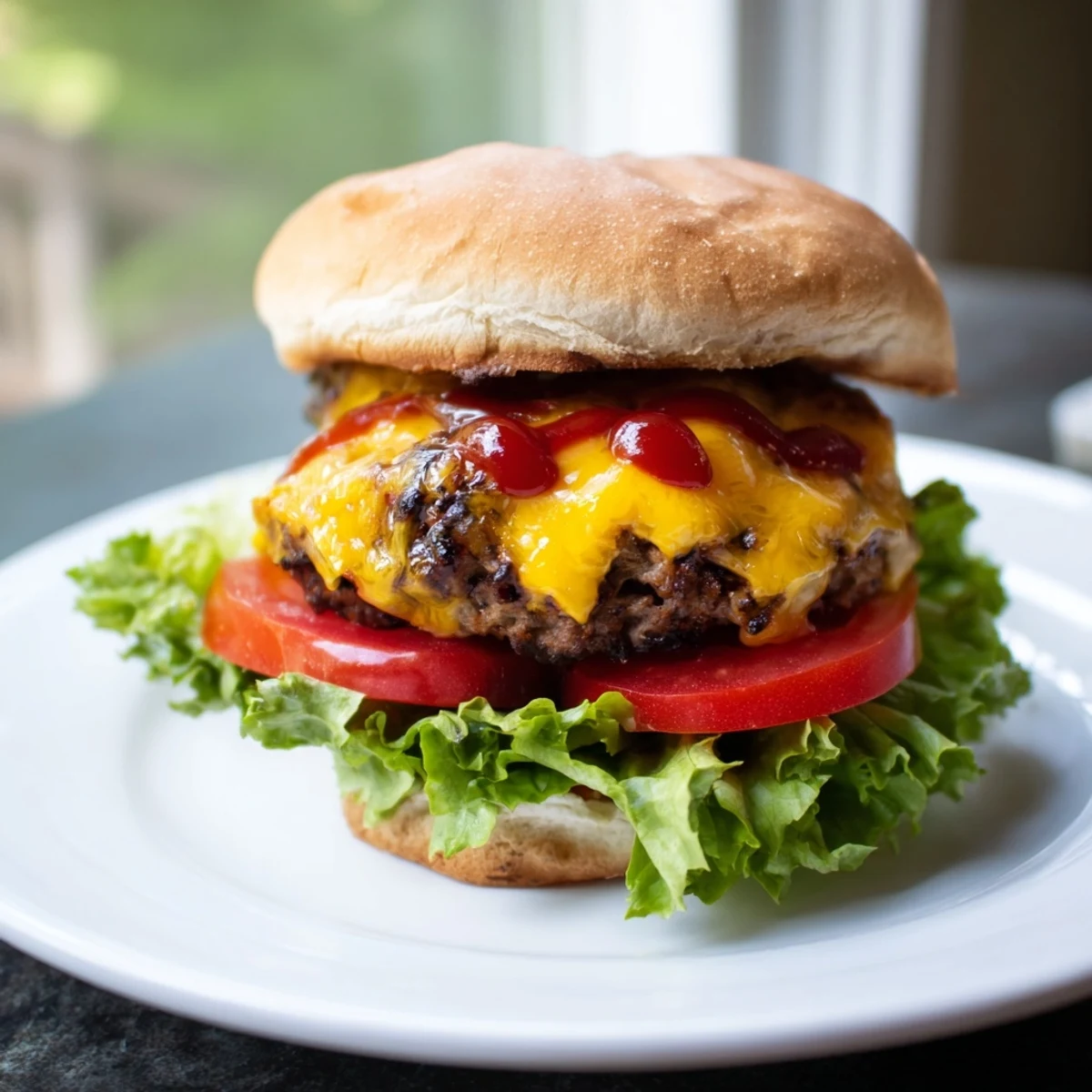 Juicy, cheesy turkey burger served on a toasted bun with fresh tomato and lettuce.