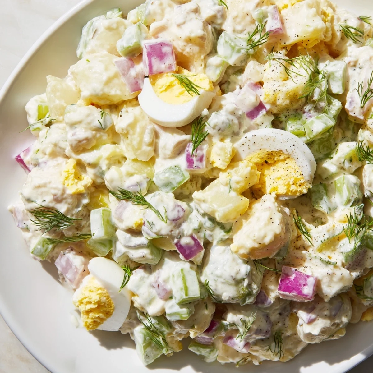 Creamy potato salad, a vibrant bowl of tender potatoes and crisp veggies, ready to enjoy.