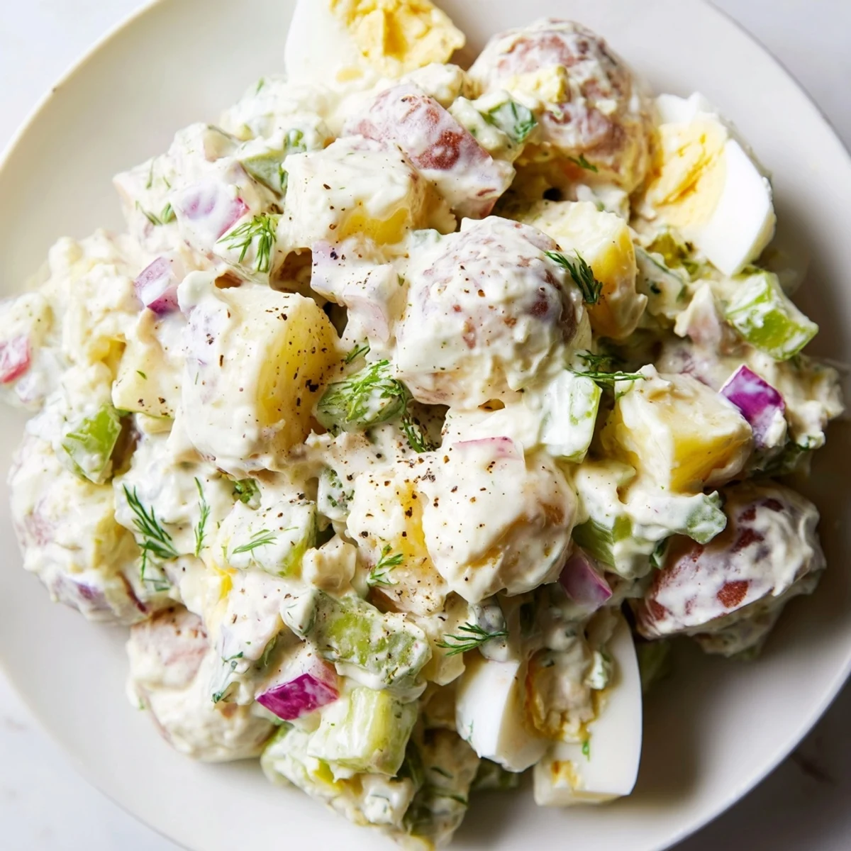 A visually appealing, chilled bowl of creamy potato salad, perfect for summer barbecues and picnics.