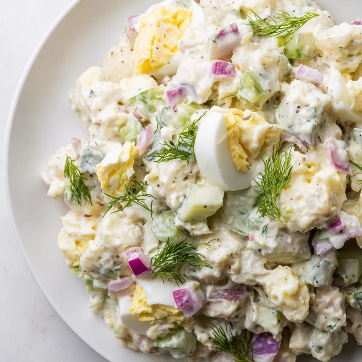 Tangy and delicious creamy potato salad, showcasing creamy dressing coating soft potatoes with herbs.